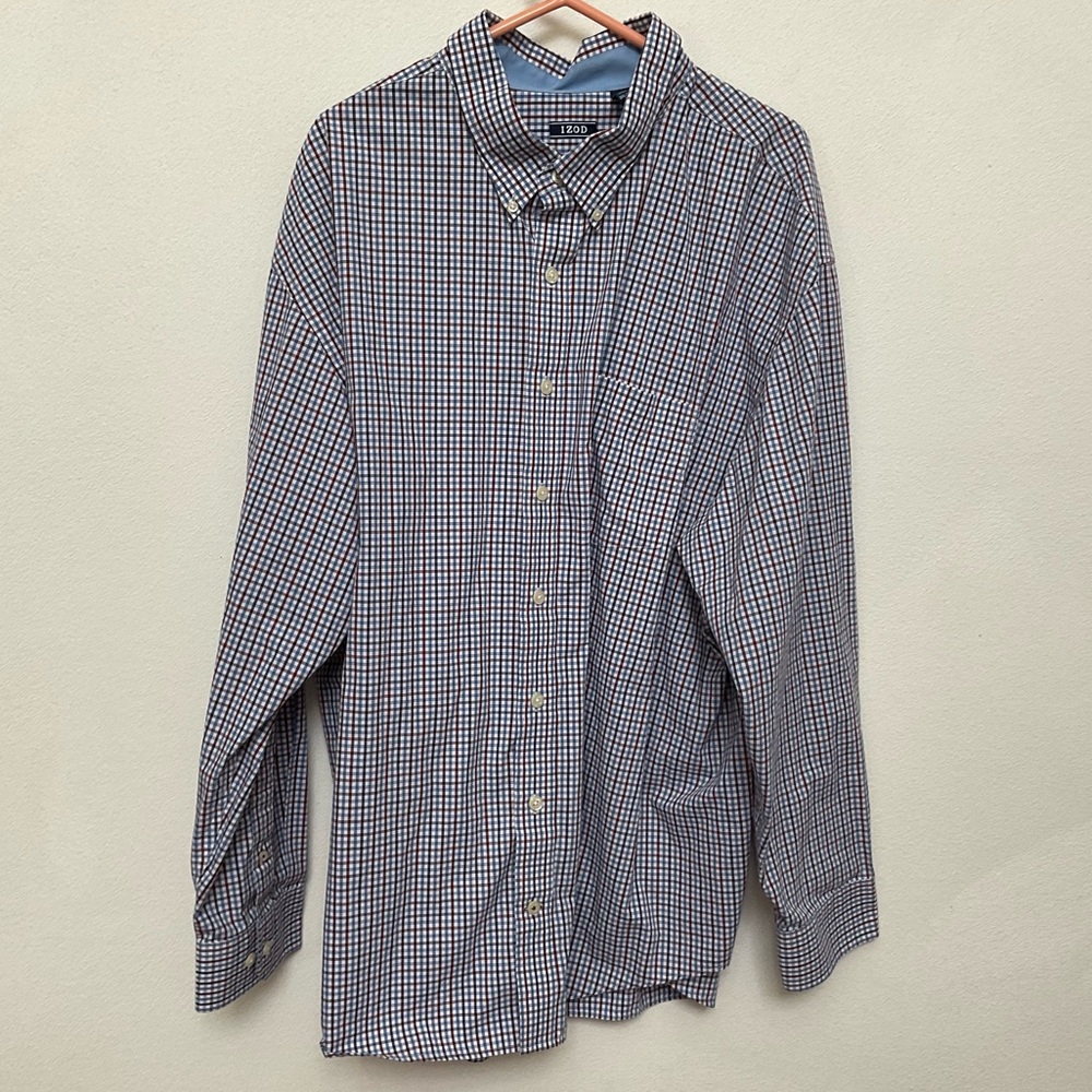 Izod Blue, Maroon, White Plaid Long Sleeve Button Down Shirt Size 3XL Office